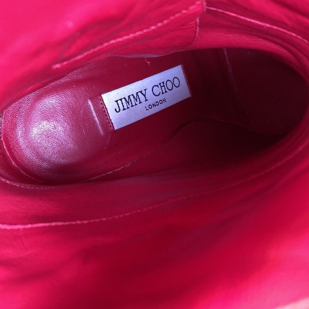 Jimmy Choo Boots Dayno Leather Mid Calf Vibrant Red Gold Button Closure Boots - Picture 4 of 16